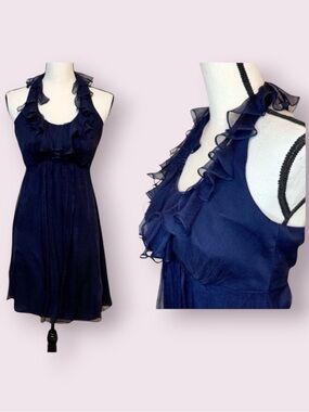 Amsale Halter 100% Silk Ruffle Neck Mini Cocktail Dress Midnight Blue Size 4